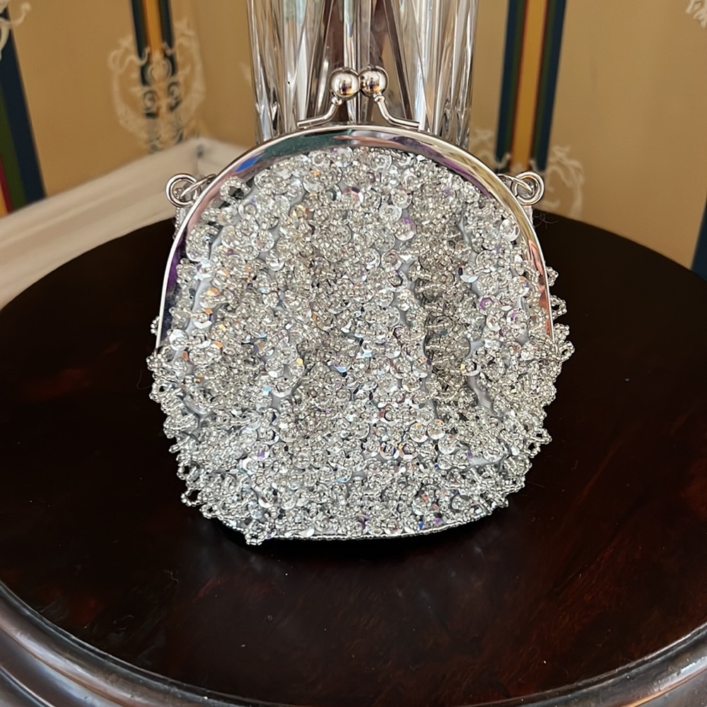CACHE Vintage Silver beaded Evening Bag-EUC